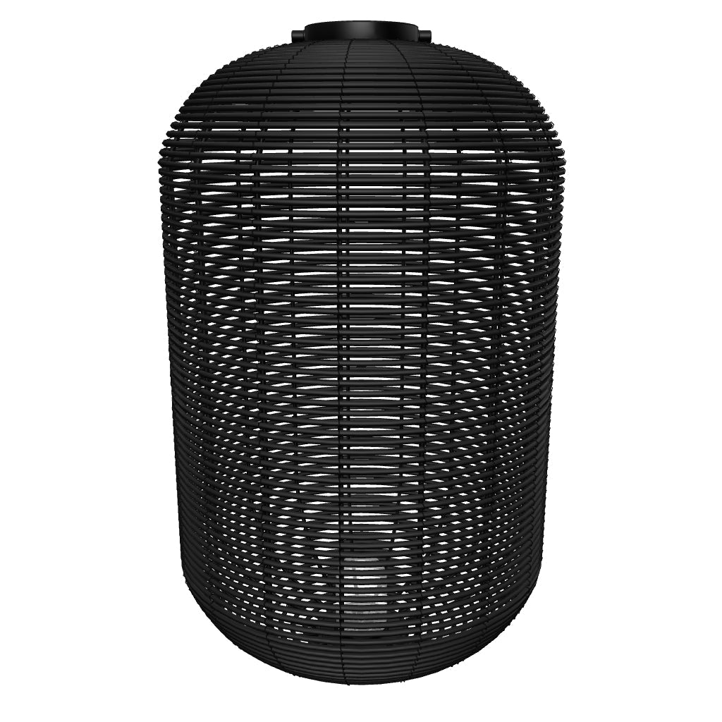 Schwarze tragbare Tischlampe Saranella aus geflochtenem Kunstrattan mit modernem Design.