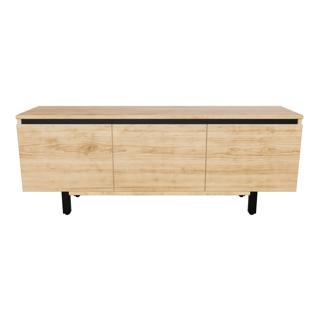 TV-Möbel aus massivem Akazienholz mit natürlichem Finish, 3 Türen, 150 x 58 cm, modernes und zeitloses Design.