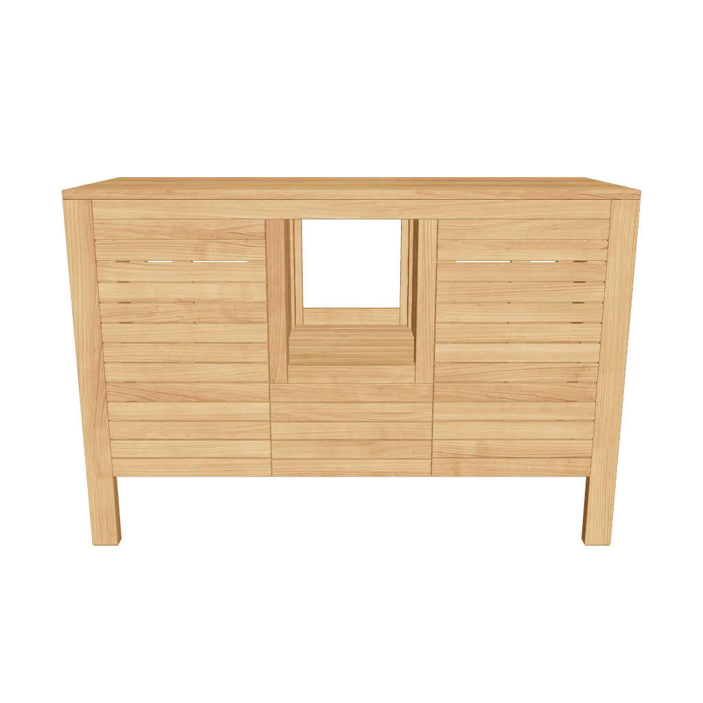 Badezimmermöbel Neria aus massivem Teakholz mit natürlichem Finish, 120 x 45 cm, kombiniert zeitloses Design mit funktionalem Stauraum.