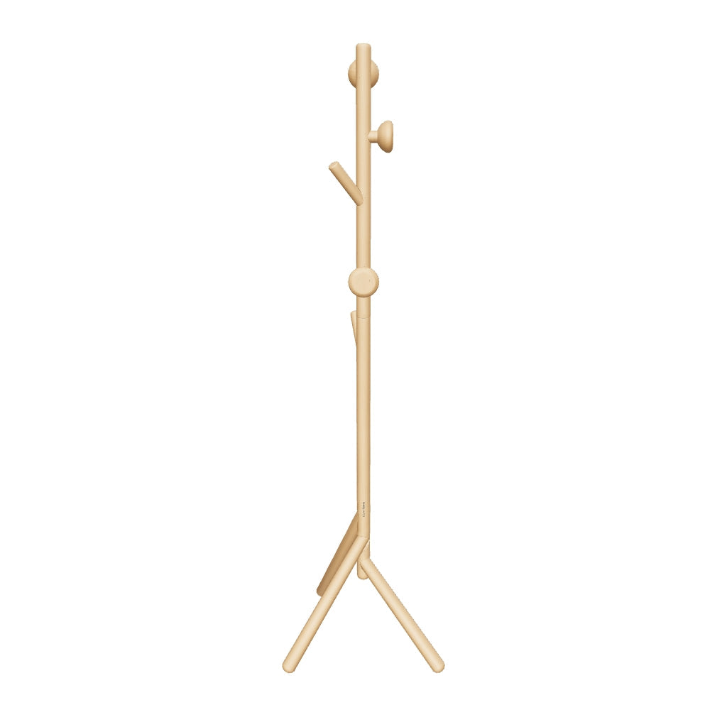 3D-Modell: Eleganter 170 cm Garderobenständer aus massiver Buche, natürliches Finish, abnehmbare Bügel.