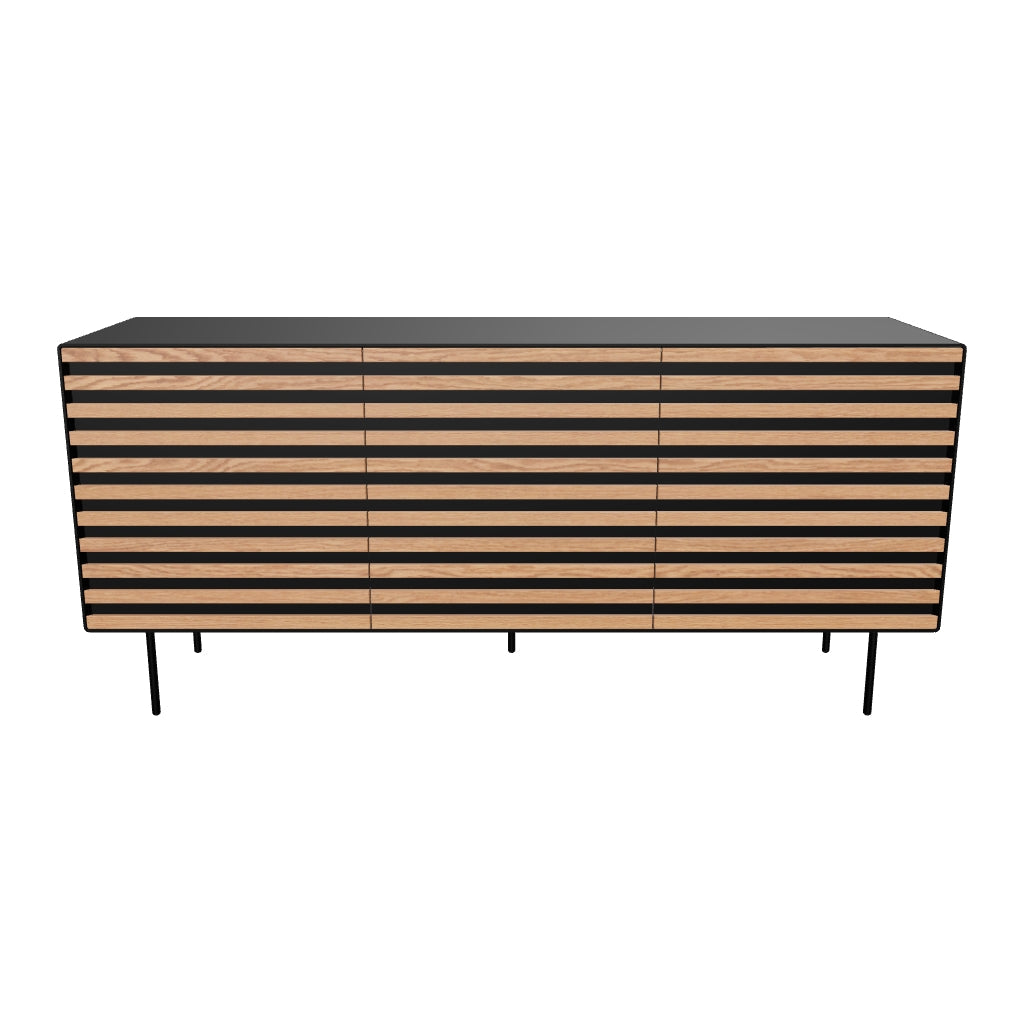 Sideboard mit zwei Türen aus edlem Nussholzfurnier und schwarzem Stahl, 162 x 74 cm, modernes Design für vielseitige Einrichtung.