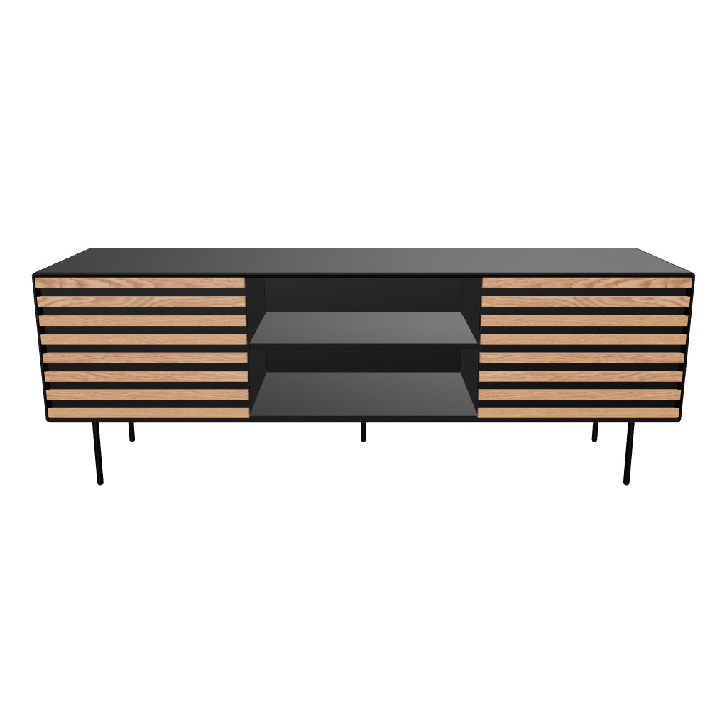 TV-Schrank aus Nussholzfurnier mit schwarzer Lackierung und Stahlakzenten, modernes Design mit zwei Türen, Maße: 162 x 58 cm.