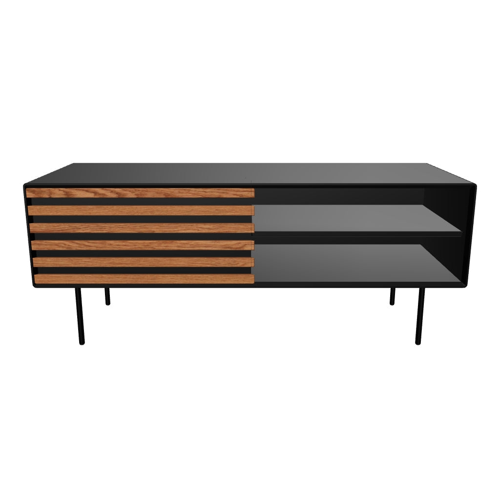TV-Schrank aus Nussholzfurnier mit schwarzer Lackierung, einer Tür und stabilen schwarzen Stahlbeinen, Maße 120 x 48,5 cm.