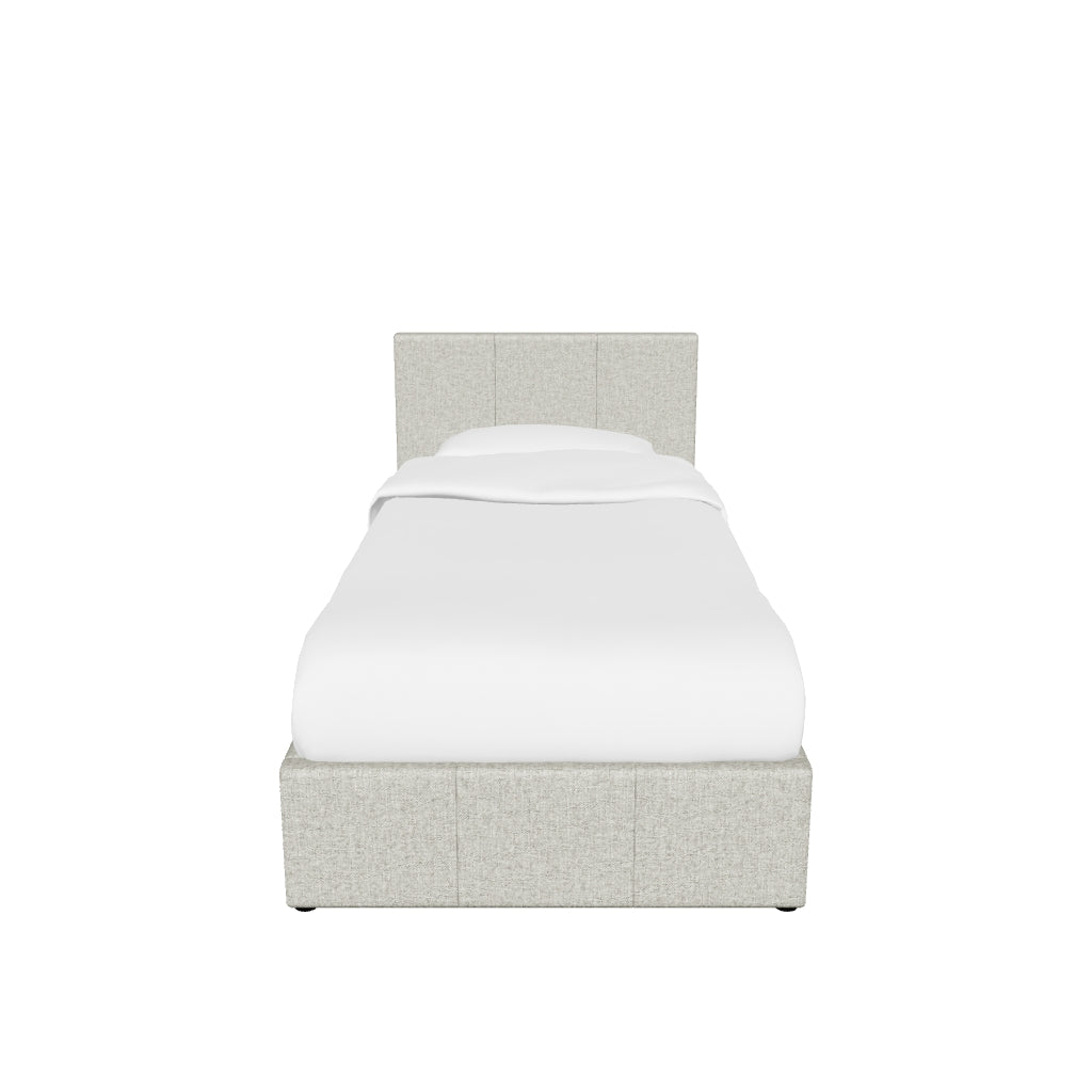 Graues Nahiri Bett mit integriertem Stauraum, passend für eine 90 x 200 cm Matratze, modernes Design für platzsparende Einrichtung.