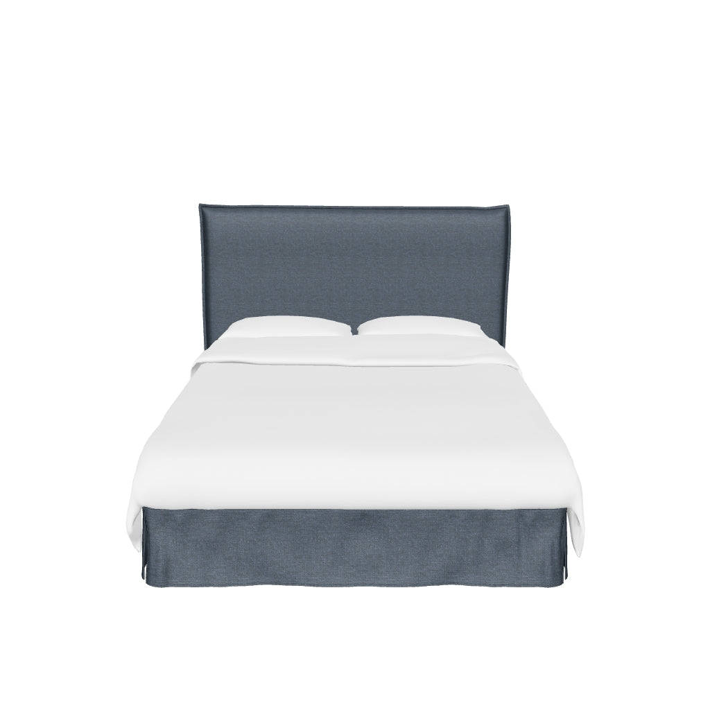 Anthrazitgraues Bett Jaira mit abnehmbarem Bezug aus Leinen und Baumwolle, passend für Matratzen in der Größe 150 x 190 cm, modernes Design und praktische Funktionalität.