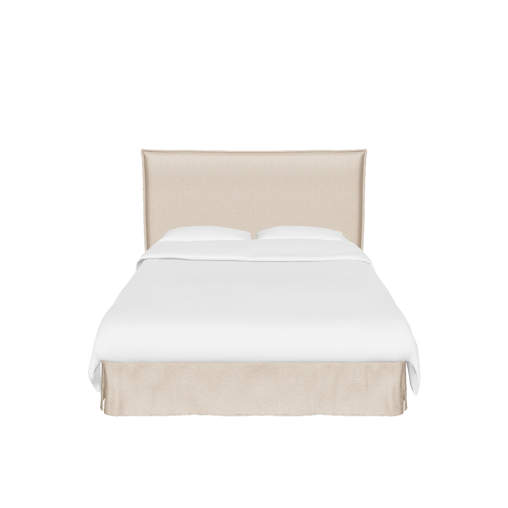 Bett Jaira in Taupe mit Leinen-Baumwoll-Bezug, abnehmbar und waschbar, geeignet für 160x200 cm Matratzen, modernes und funktionales Design.