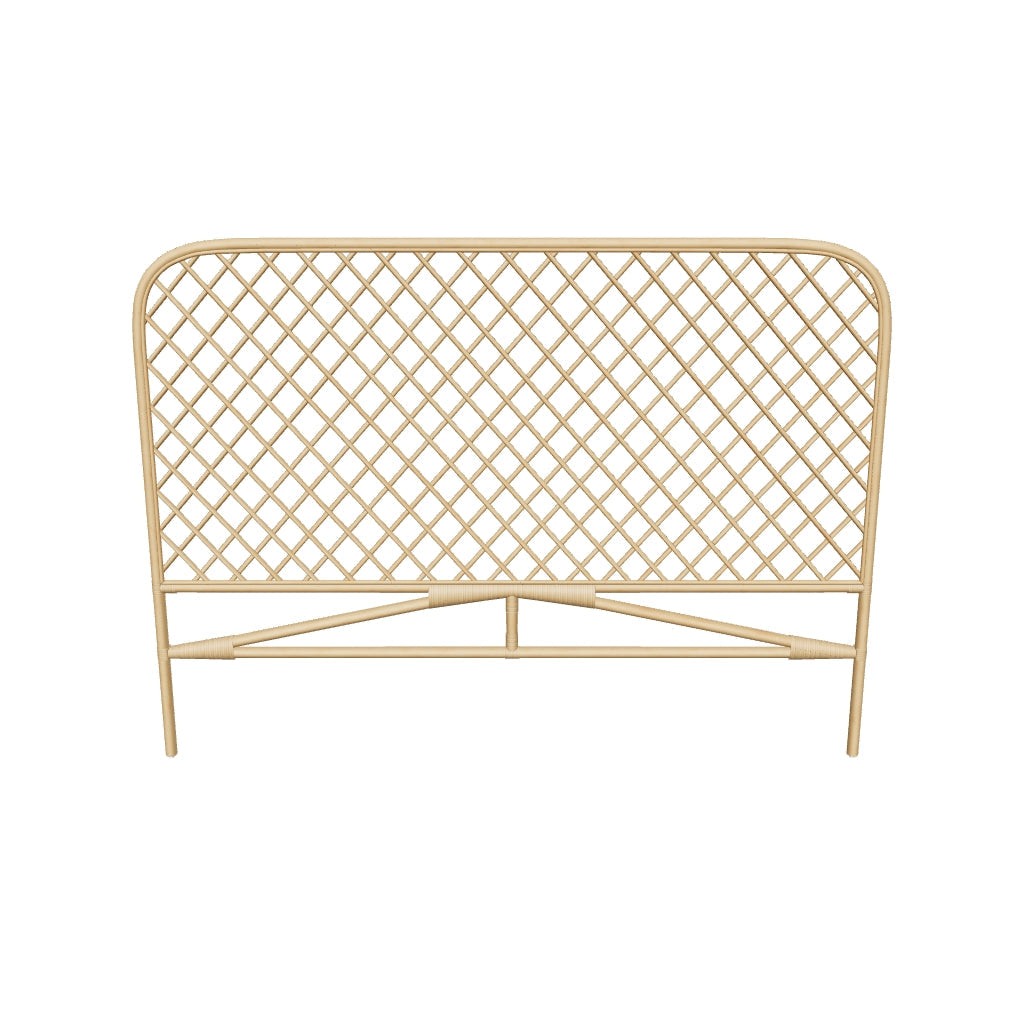 Rattan-Bettkopfteil Citlalli mit natürlichem Finish, passend für 150 cm breite Betten, handgefertigt und zeitloses Design.