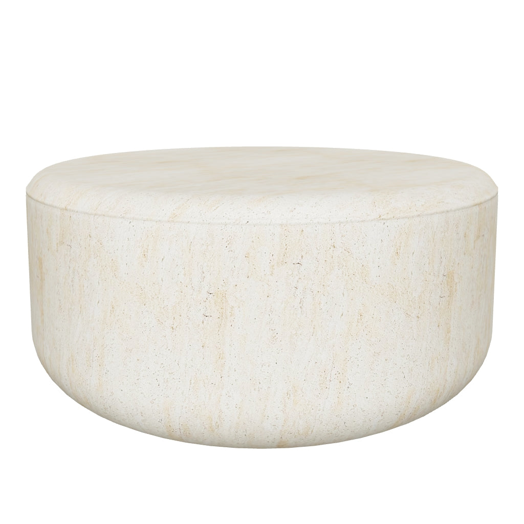 Runder Couchtisch aus Zement mit travertinähnlicher Oberfläche, modernes Design und vielseitig einsetzbar.