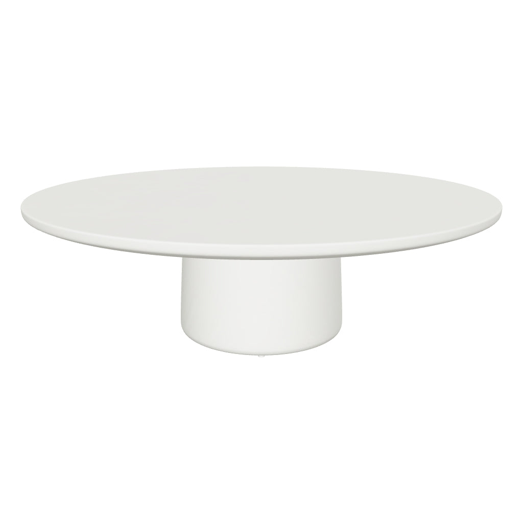 Moderner Couchtisch Albanella aus robustem Zement mit glänzend weißer Oberfläche, rundes Design mit 110 cm Durchmesser, vielseitig einsetzbar für Innen- und Außenbereiche.
