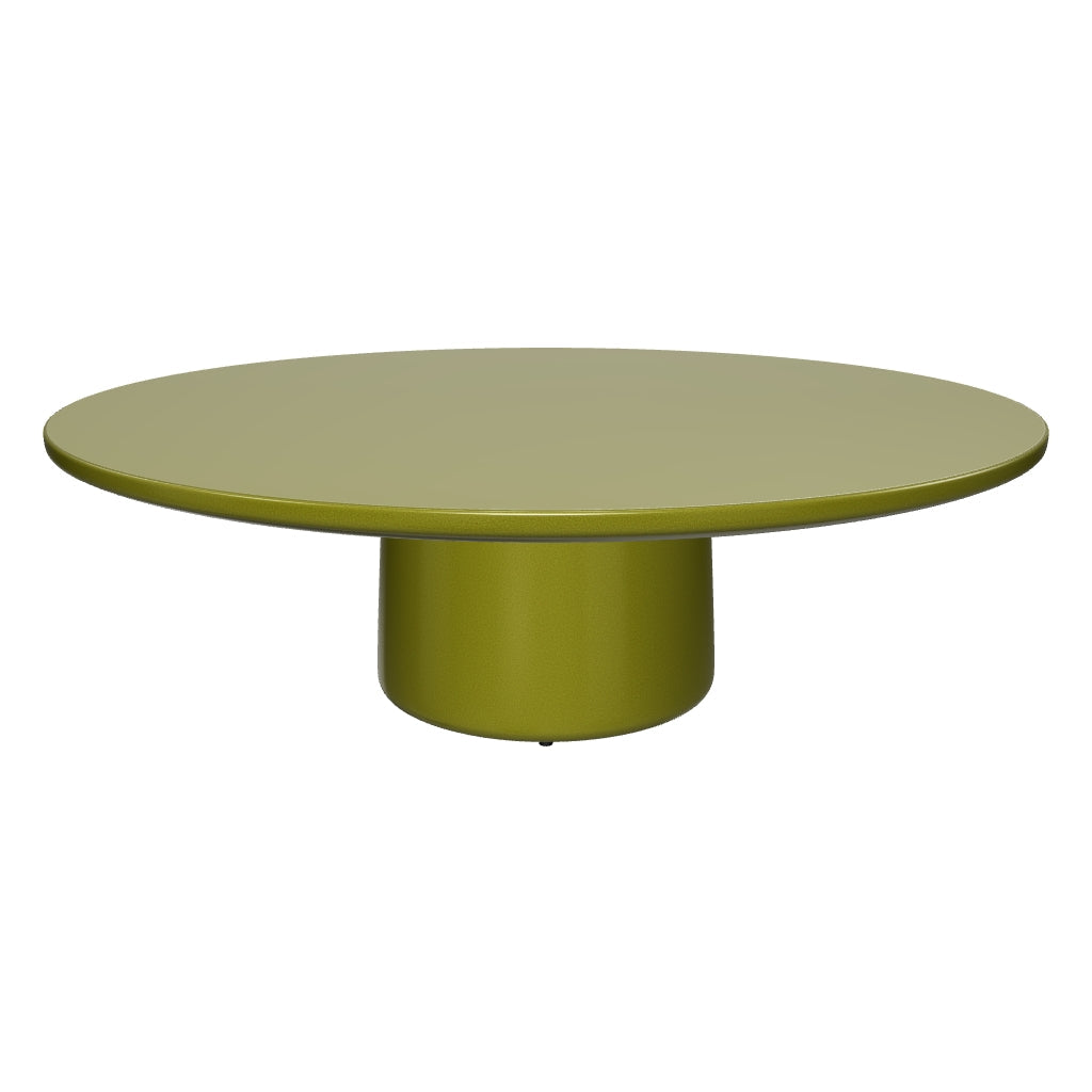 Runder Couchtisch Albanella aus Zement mit einem Durchmesser von 110 cm und glänzendem grünen Finish, ideal für modernes Wohndesign.