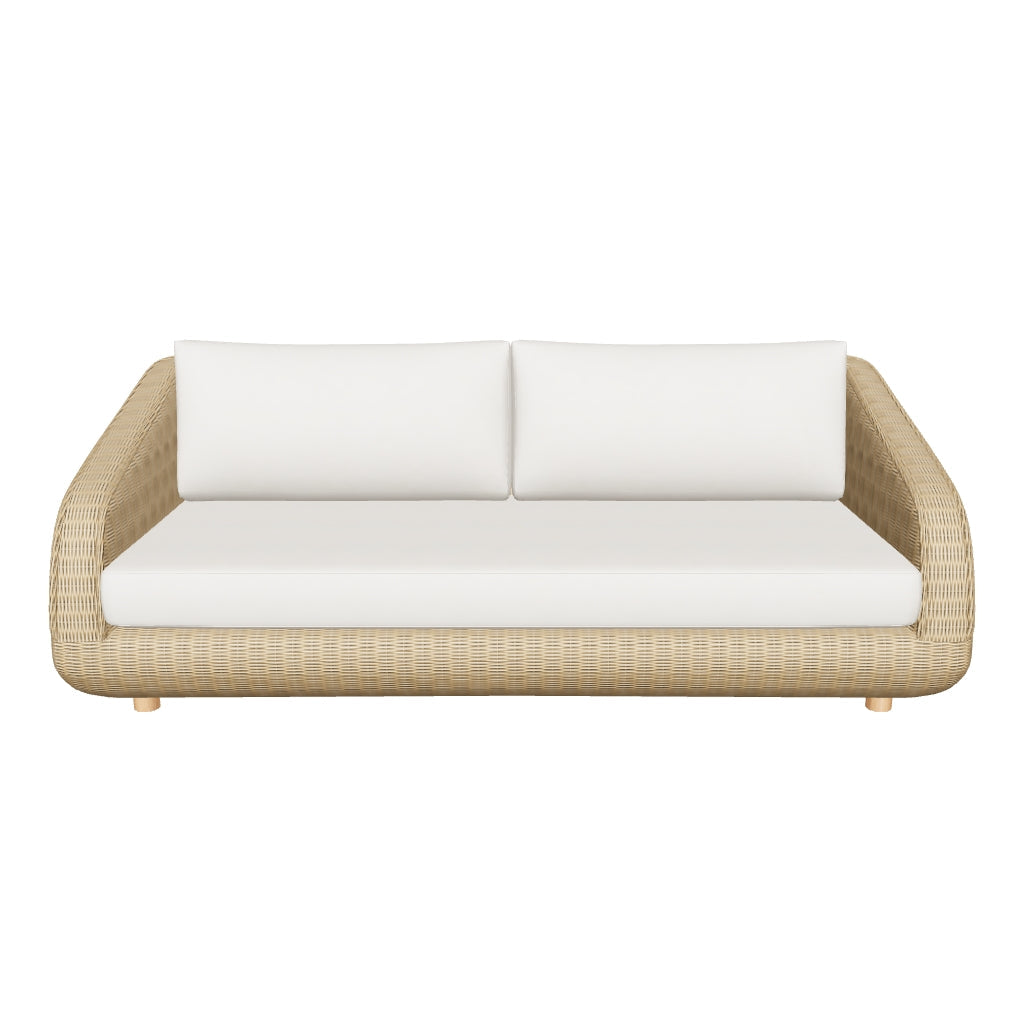 3-Sitzer-Sofa Meria aus langlebigem synthetischem Rattan, 208 cm breit, mit modernen, wetterfesten Polstern, perfekt für den Innen- und Außenbereich.