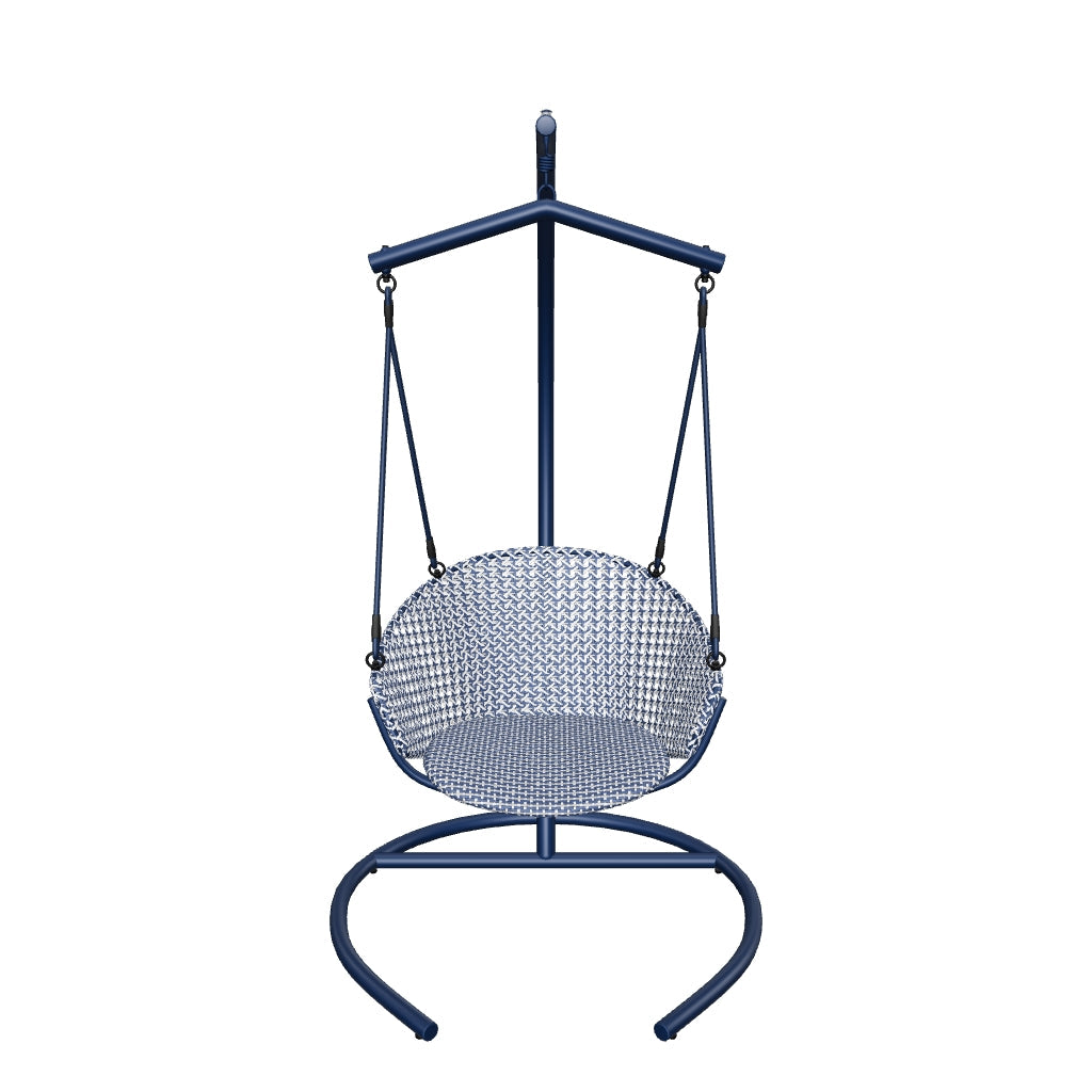 Hängesessel aus Aluminium mit blauem synthetischen Rattan, modernes Design, inklusive Fußteil für entspanntes Sitzen.
