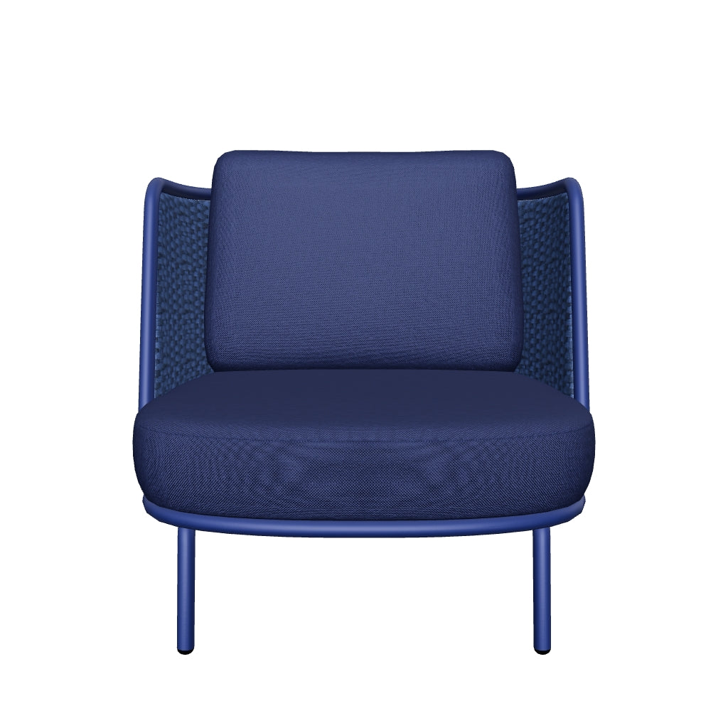 Moderner Outdoor-Sessel mit robustem Aluminiumrahmen und stilvoller blauer Seilbespannung, perfekt für den Einsatz im Außenbereich.