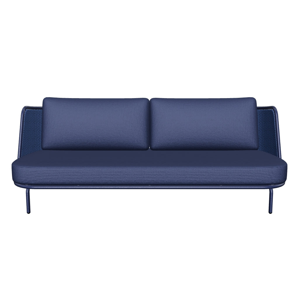 3-Sitzer Outdoor-Sofa Sedalis aus robustem Aluminium mit geflochtenen blauen Seilen, 210 cm breit, ideal für moderne Terrassen und Gärten.