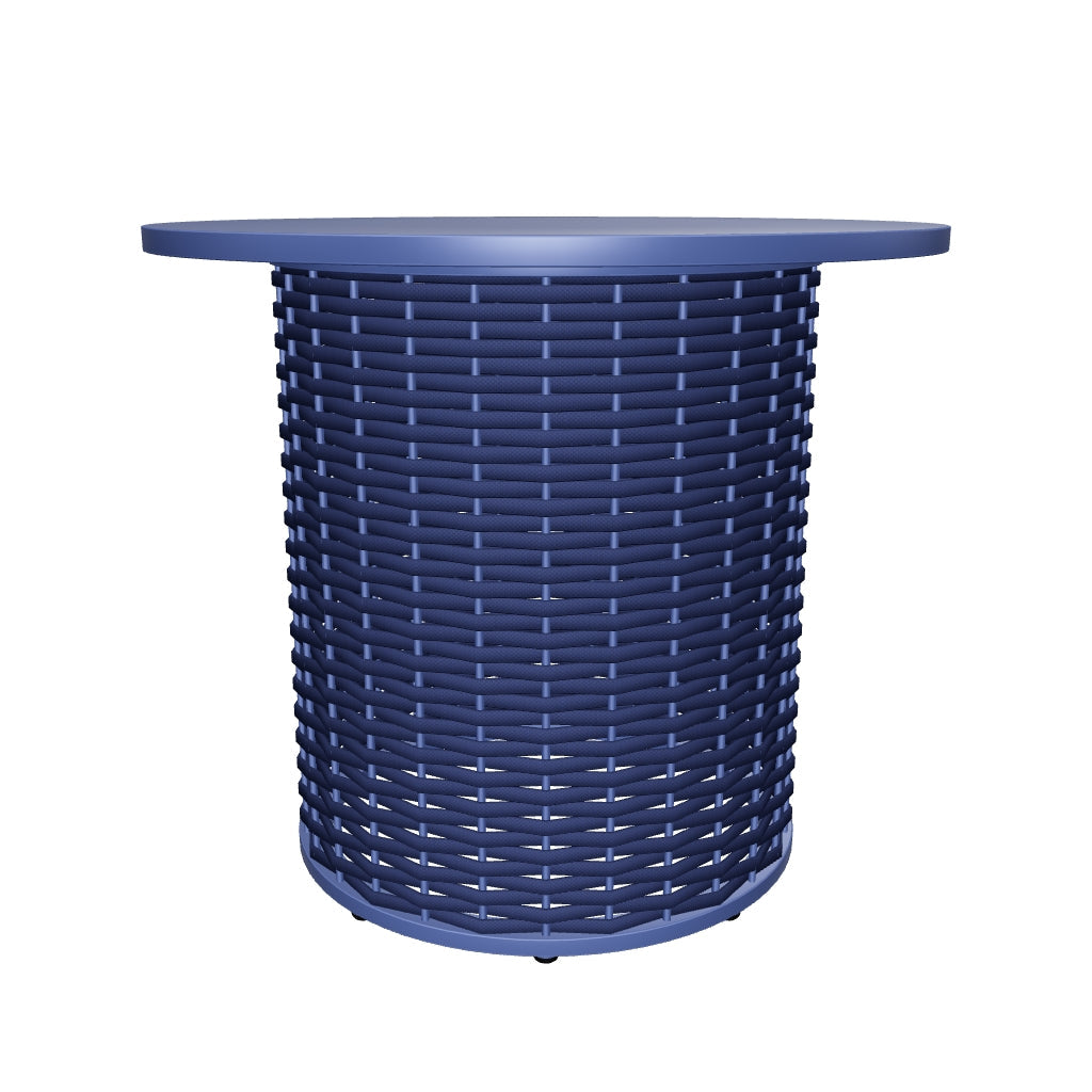 Runder Outdoor-Beistelltisch mit einem Durchmesser von 50 cm, gefertigt aus Aluminium und blauem Seil, modern und wetterfest, perfekt für den Außenbereich.