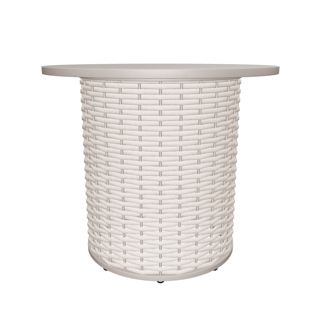 Runder Outdoor-Beistelltisch Sedalis aus robustem Aluminium und taupefarbenem Seil, modern und wetterbeständig, perfekt für kleine Außenbereiche.