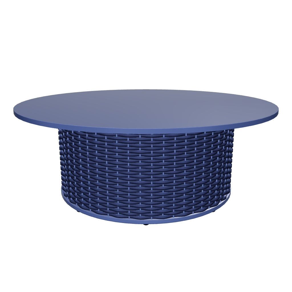 Runder Outdoor-Couchtisch Sedalis mit einem Durchmesser von 99 cm, gefertigt aus robustem Aluminium und umwickelt mit blauem Seil, ideal für moderne Außenbereiche.