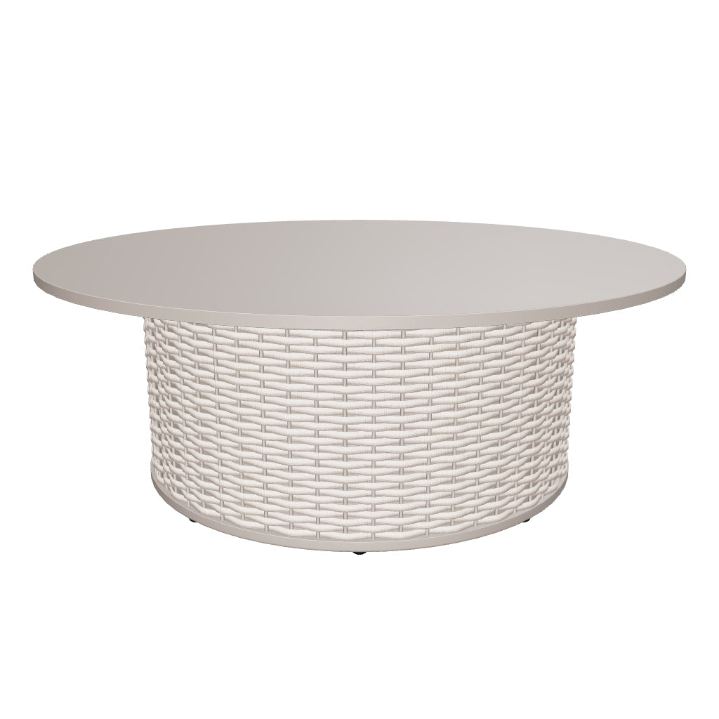 Runder Outdoor-Couchtisch Sedalis mit taupefarbenem Seilgeflecht und Aluminiumgestell, modern und wetterfest, perfekt für Außenbereiche.