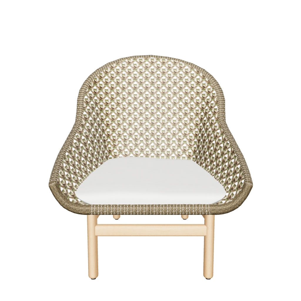 Sessel Olbia mit hoher Rückenlehne, gefertigt aus wetterfestem synthetischem Rattan und nachhaltigem FSC-zertifiziertem Teakholz, perfekt für komfortable Outdoor-Momente.