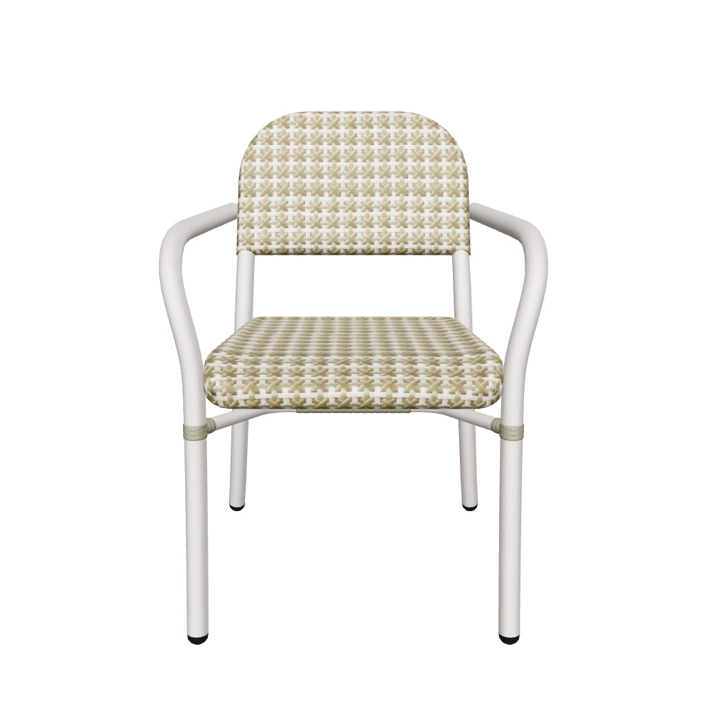 Stapelstuhl aus robustem Aluminium und wetterfestem Kunstrattan in Beige und Grün, perfekt für den Einsatz im Garten oder auf der Terrasse.