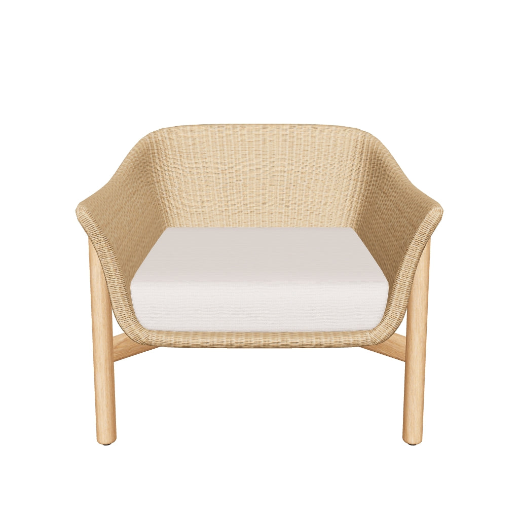 Sessel Galea aus robustem Teakholz und wetterfestem synthetischem Rattan, perfekt für den Außenbereich.
