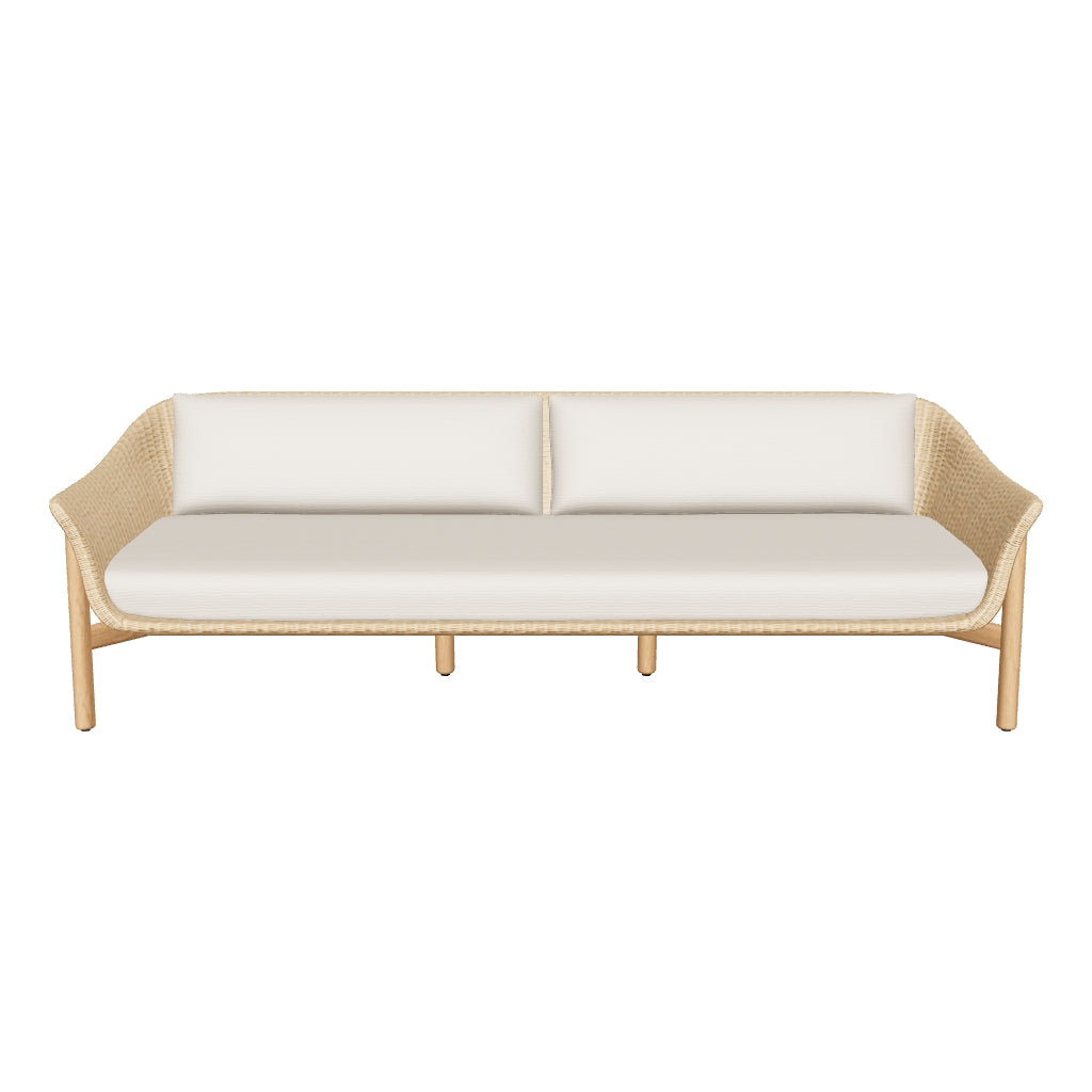 3-Sitzer-Sofa Galea aus robustem Teakholz und wetterfestem synthetischem Rattan, 236,2 cm breit, mit nachhaltiger FSC 100%-Zertifizierung und stilvollem Design.