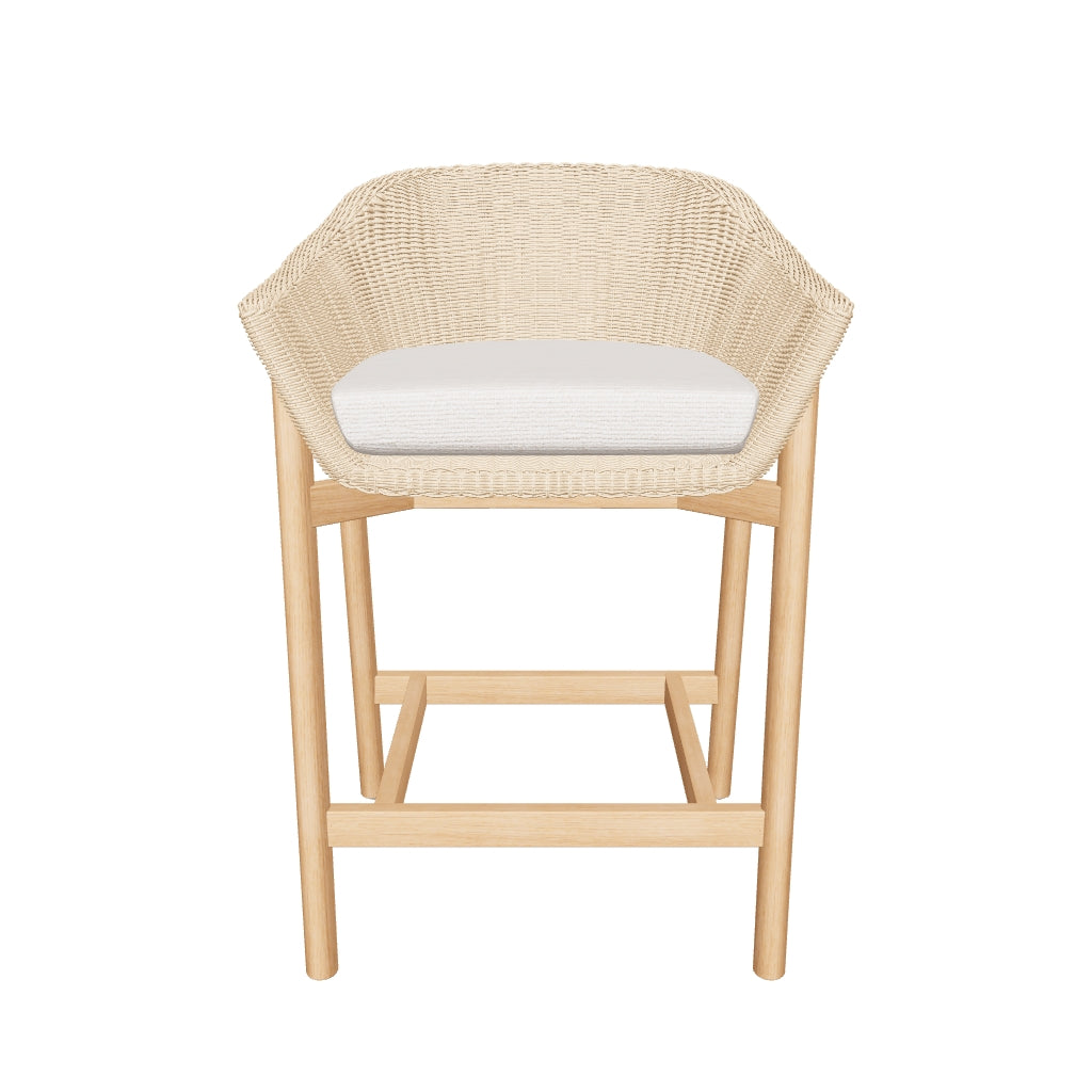 Hocker Galea aus nachhaltigem Teakholz und geflochtenem synthetischem Rattan, 65 cm hoch, perfekt für den Innen- und Außenbereich.