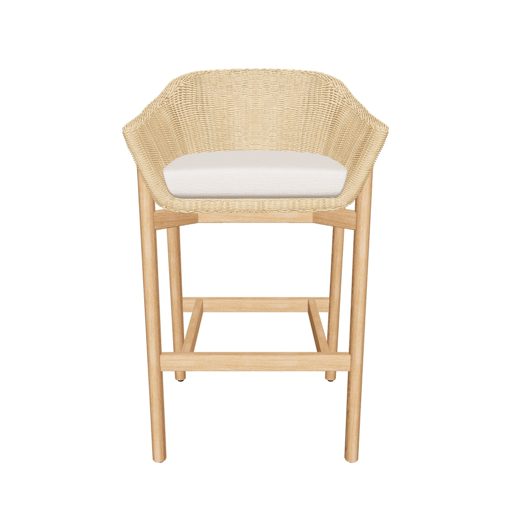 Hocker Galea aus massivem Teakholz mit Sitzfläche aus synthetischem Rattan, 75 cm hoch, nachhaltig und modern designt für vielseitige Einsatzmöglichkeiten.