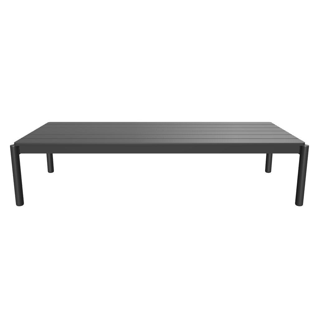 Rechteckiger Couchtisch aus grauem Aluminium mit klaren Linien, robust und vielseitig für den Einsatz im Innen- und Außenbereich.
