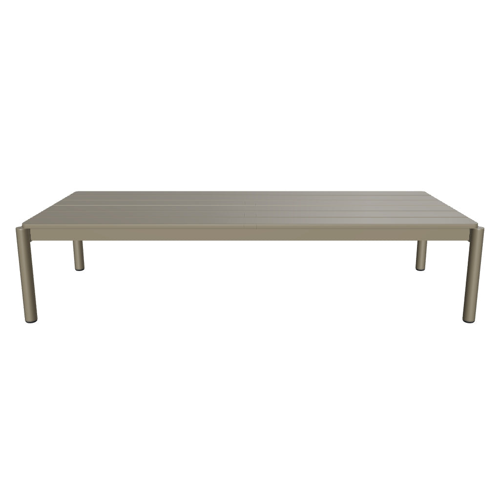 Grüner Couchtisch aus Aluminium mit modernem Design, rechteckige Form, Maße 63 x 144,6 cm, vielseitig einsetzbar für Innen- und Außenbereiche.