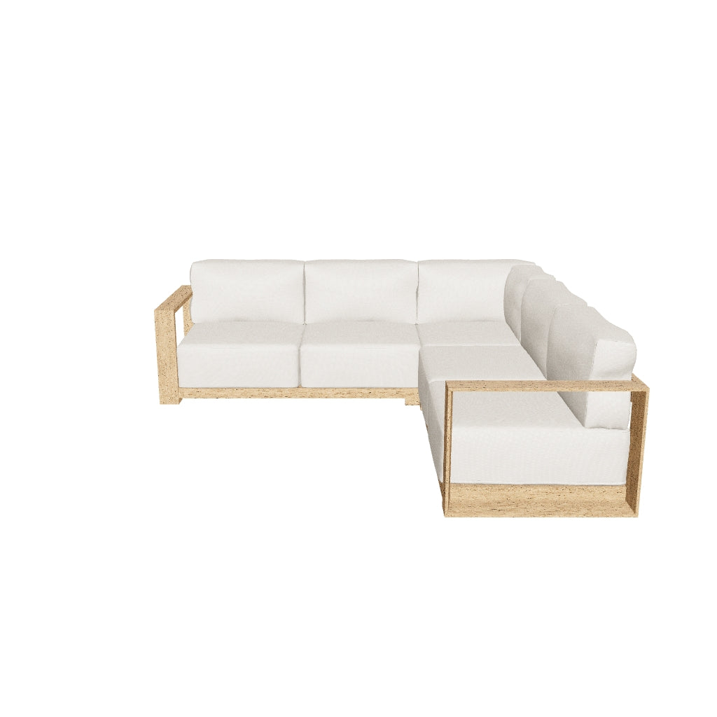 5-Sitzer-Ecksofa Ambra aus massivem Akazienholz mit klarem Finish, 248 cm breit, modernes und funktionales Design für großzügige Sitzgelegenheiten.
