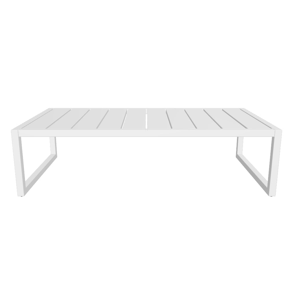 Moderner weißer Couchtisch aus Aluminium, 60 x 114 cm, ideal für den Außenbereich, robust und vielseitig einsetzbar.