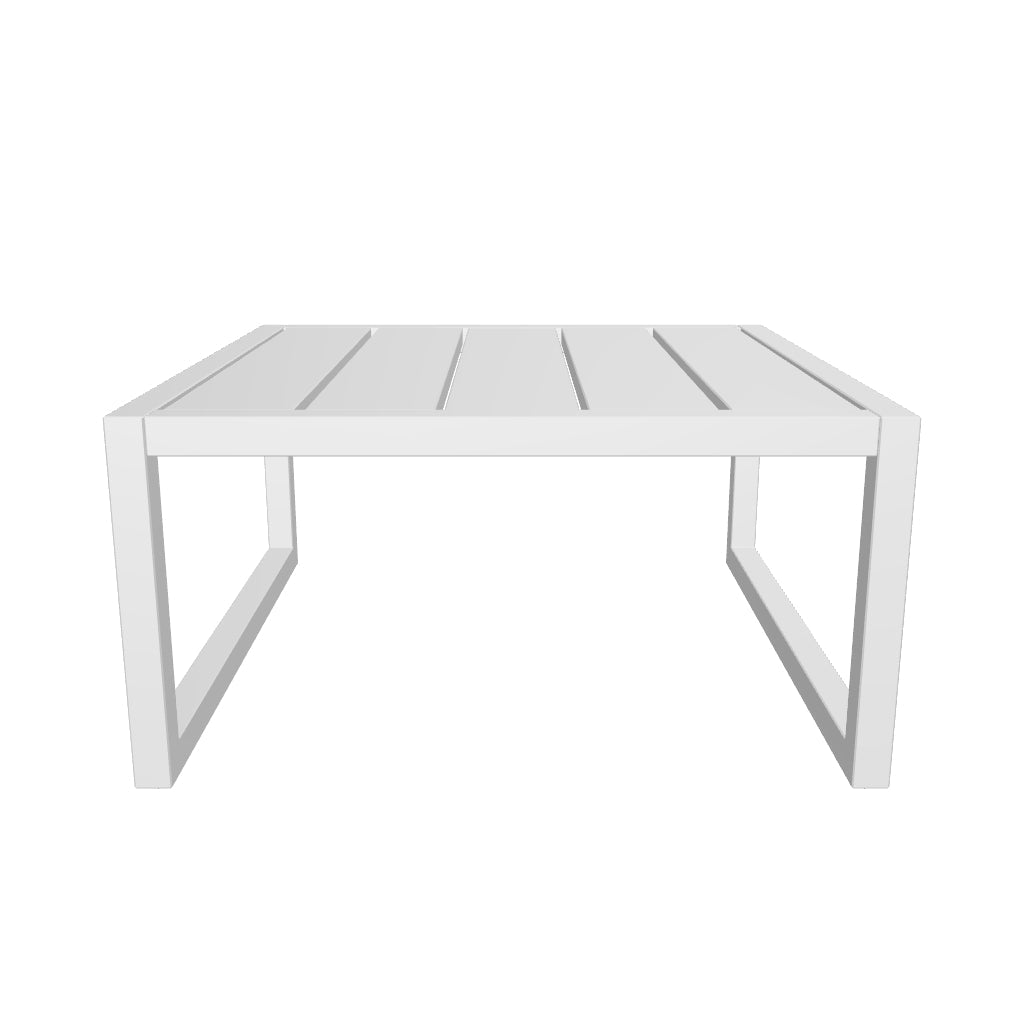 Stylischer Beistelltisch Comova aus weißem Aluminium, perfekt für den Außenbereich. Maße: 60 x 60 cm, ideal für Garten und Terrasse.