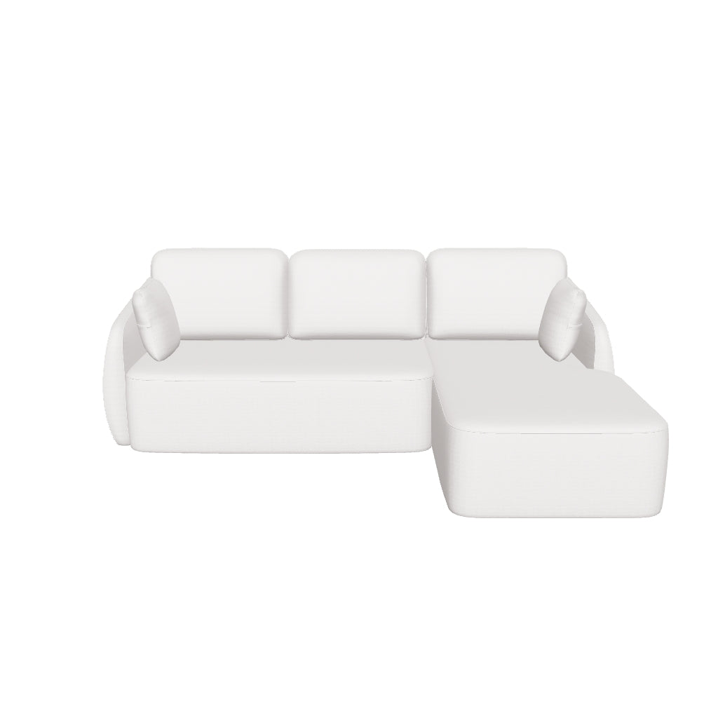 Schlafsofa Laira 3-Sitzer in ecru mit weichem Chenille-Stoff, Chaiselongue auf der rechten Seite, nachhaltig produziert mit FSC Mix Credit, 246 cm breit, vielseitig als Sofa und Bett nutzbar.