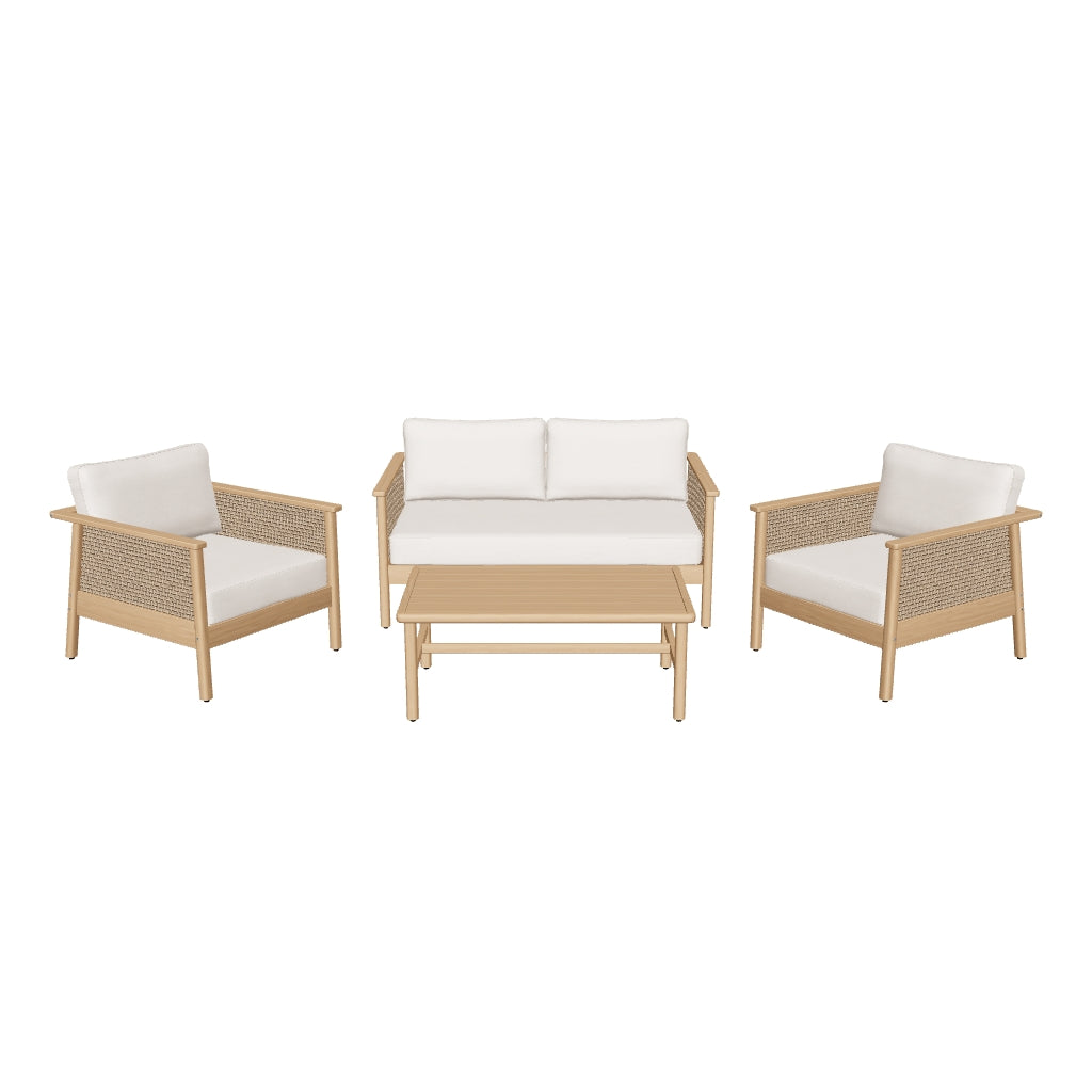 Set aus 2-Sitzer-Sofa, 2 Sesseln und Couchtisch aus 100% FSC-zertifiziertem Akazienholz, modern und vielseitig für Innen- und Außenbereiche.