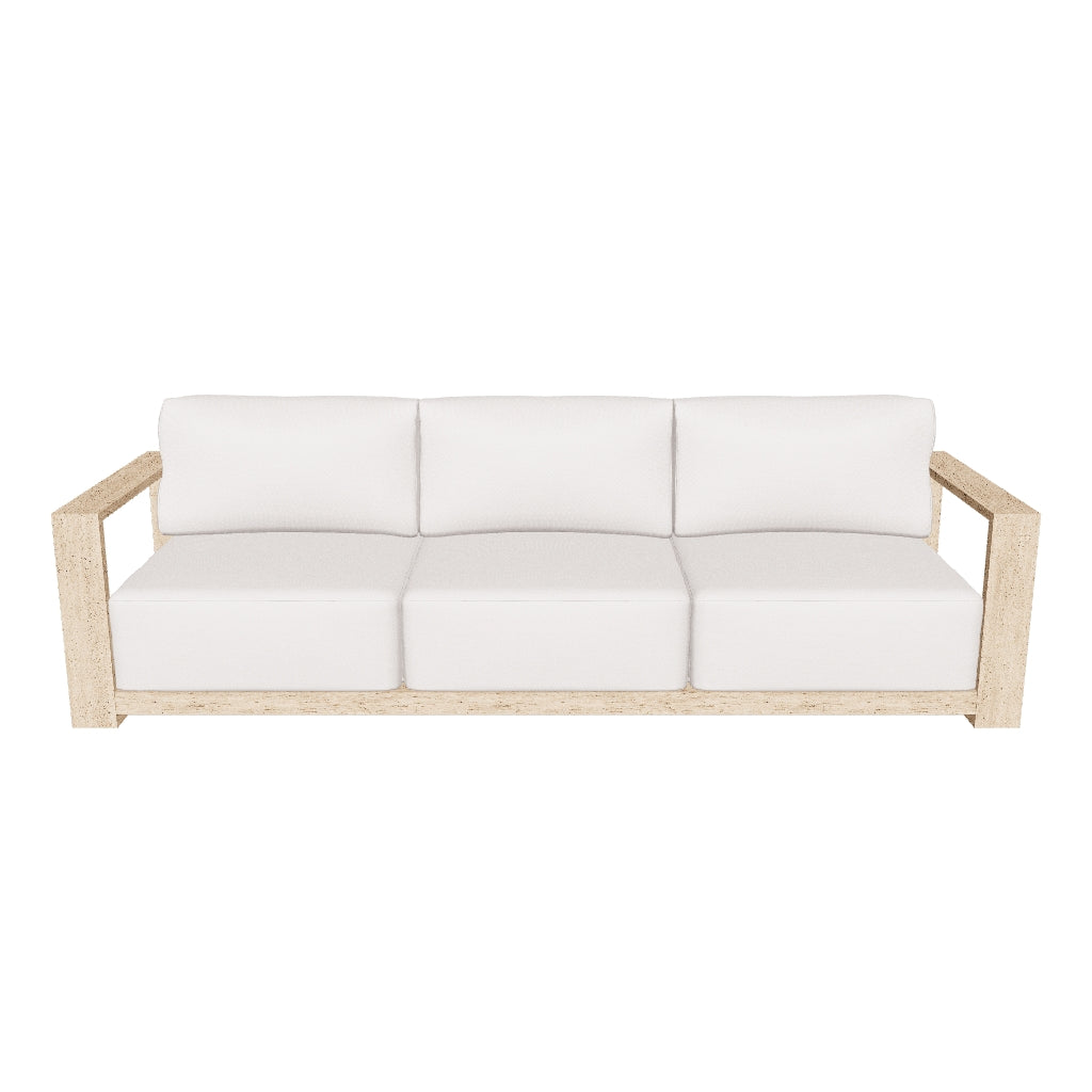 3-Sitzer-Sofa Ambra aus robustem Akazienholz, 249 cm breit, mit natürlichem klarem Finish, ideal für modernes und zeitloses Wohndesign.