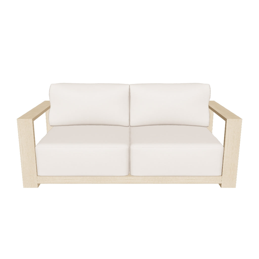 2-Sitzer-Sofa Ambra aus robustem Akazienholz, 174 cm breit, mit natürlichem klarem Finish und modernem Design.