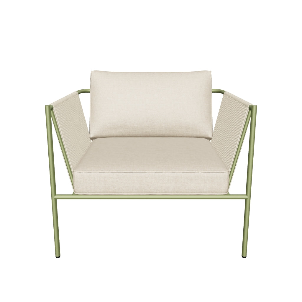 Outdoor-Sessel Zivia mit écrufarbenem Seilgeflecht und grünem, verzinktem Stahlgestell, ideal für Garten oder Terrasse.
