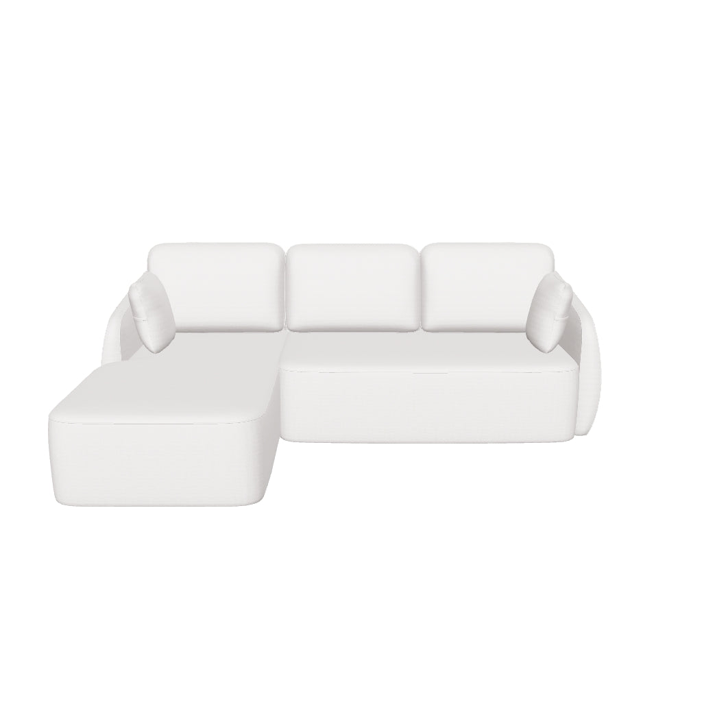 3-Sitzer Schlafsofa mit linksseitiger Chaiselongue, weicher Chenille-Stoff in Ecru, nachhaltige FSC-zertifizierte Materialien, 246 cm Breite.