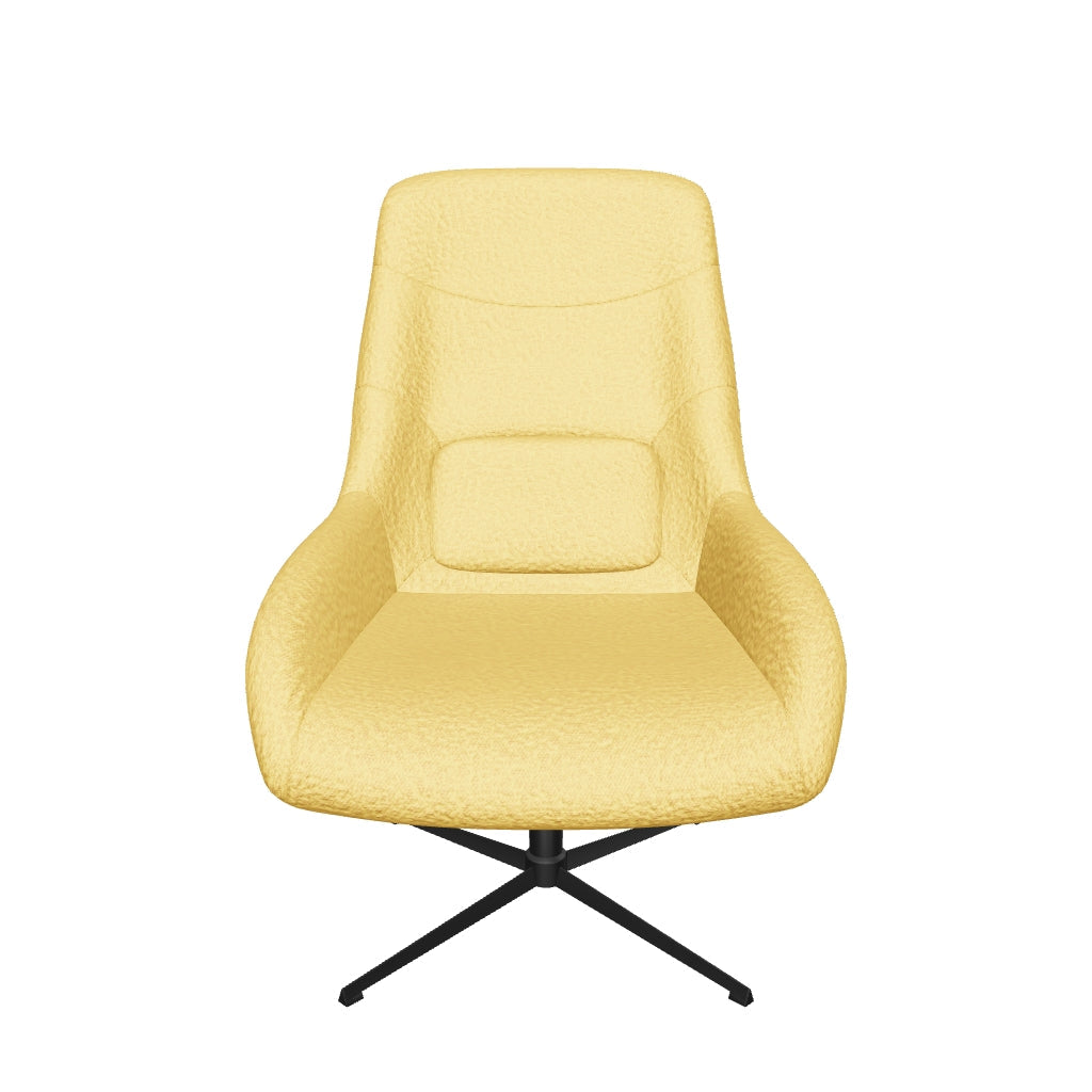 Drehsessel Celida aus senffarbenem Bouclé mit schwarzem Stahlgestell, modernes Design und nachhaltige Materialien.