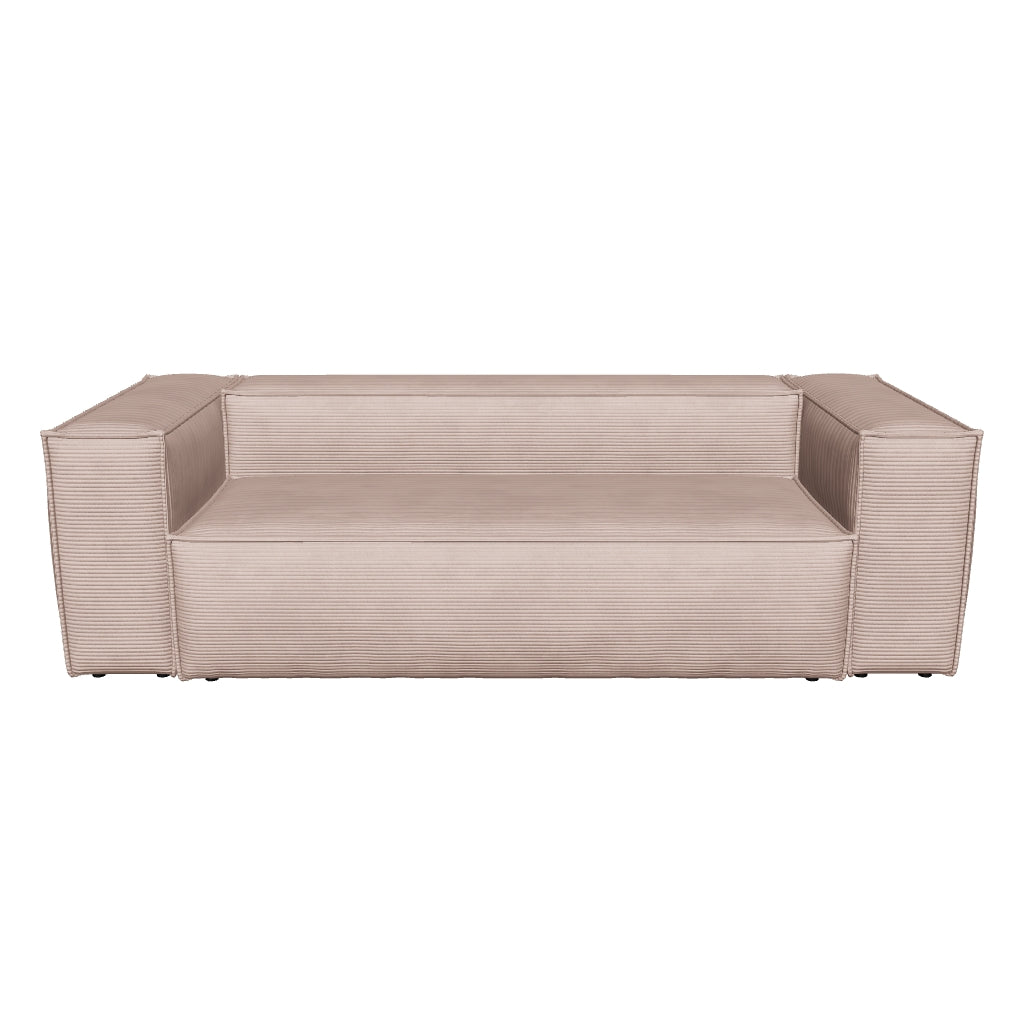 Rosa 3-Sitzer-Sofa aus breitem Cordstoff, 240 cm breit, mit modernem Design und einladender Polsterung.