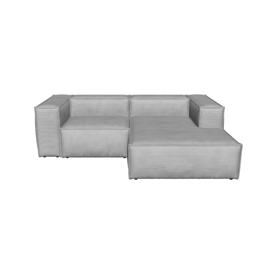 Graues 2-Sitzer-Sofa mit breiter Cord-Polsterung, rechter Chaiselongue und 240 cm Breite, nachhaltig mit FSC Mix Credit zertifiziert.