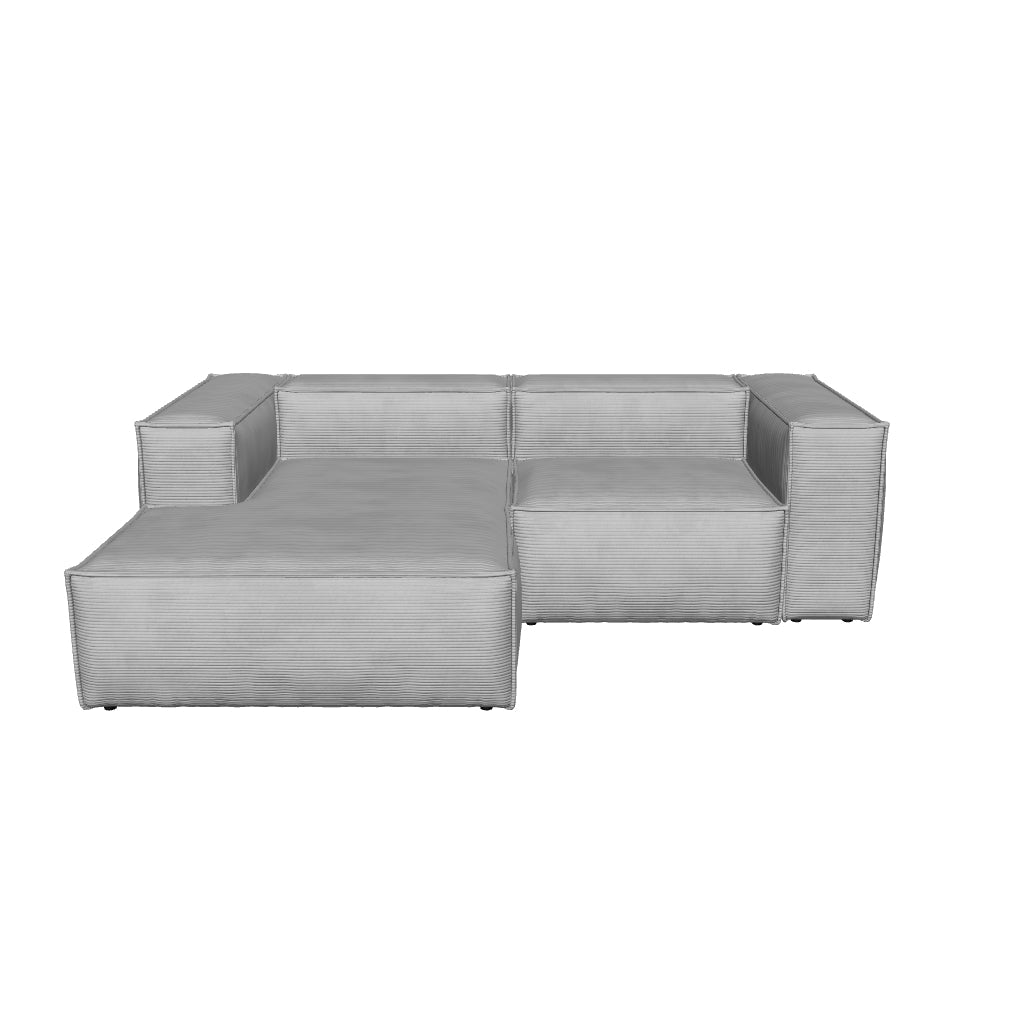 Graues 2-Sitzer-Sofa mit breitem Cordbezug, linker Chaiselongue und 240 cm Breite, nachhaltig hergestellt mit FSC-zertifiziertem Holz.