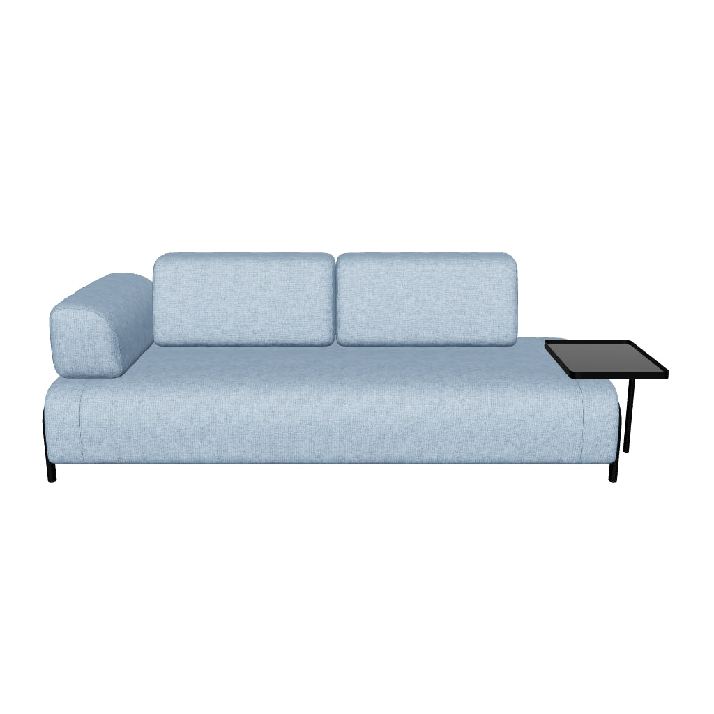 Blaues 3-Sitzer Sofa mit großzügigem integriertem Tablett, modernes Design und praktische Funktionalität für stilvolle Wohnräume.