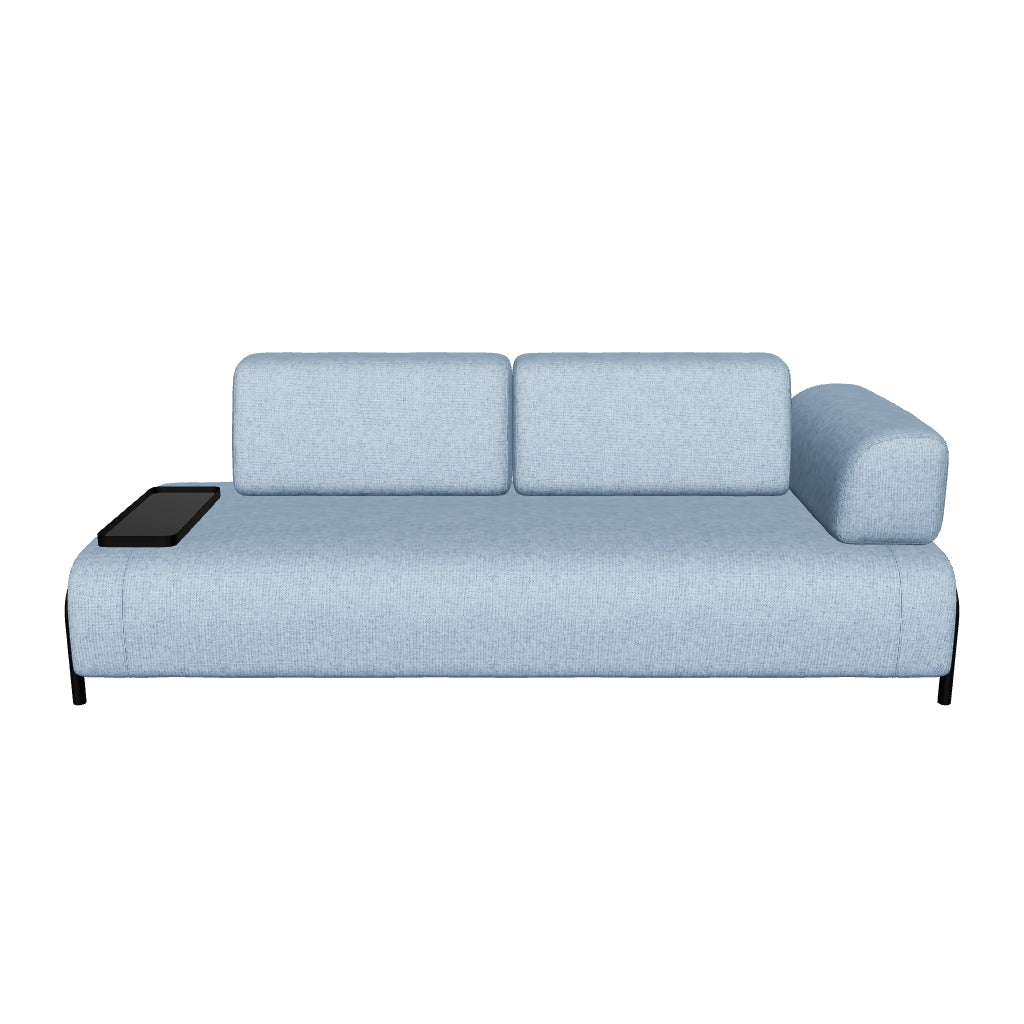 Blaues Compo 3-Sitzer Sofa mit integriertem Holztablett, modernem Design und komfortabler Polsterung, 232 cm breit.