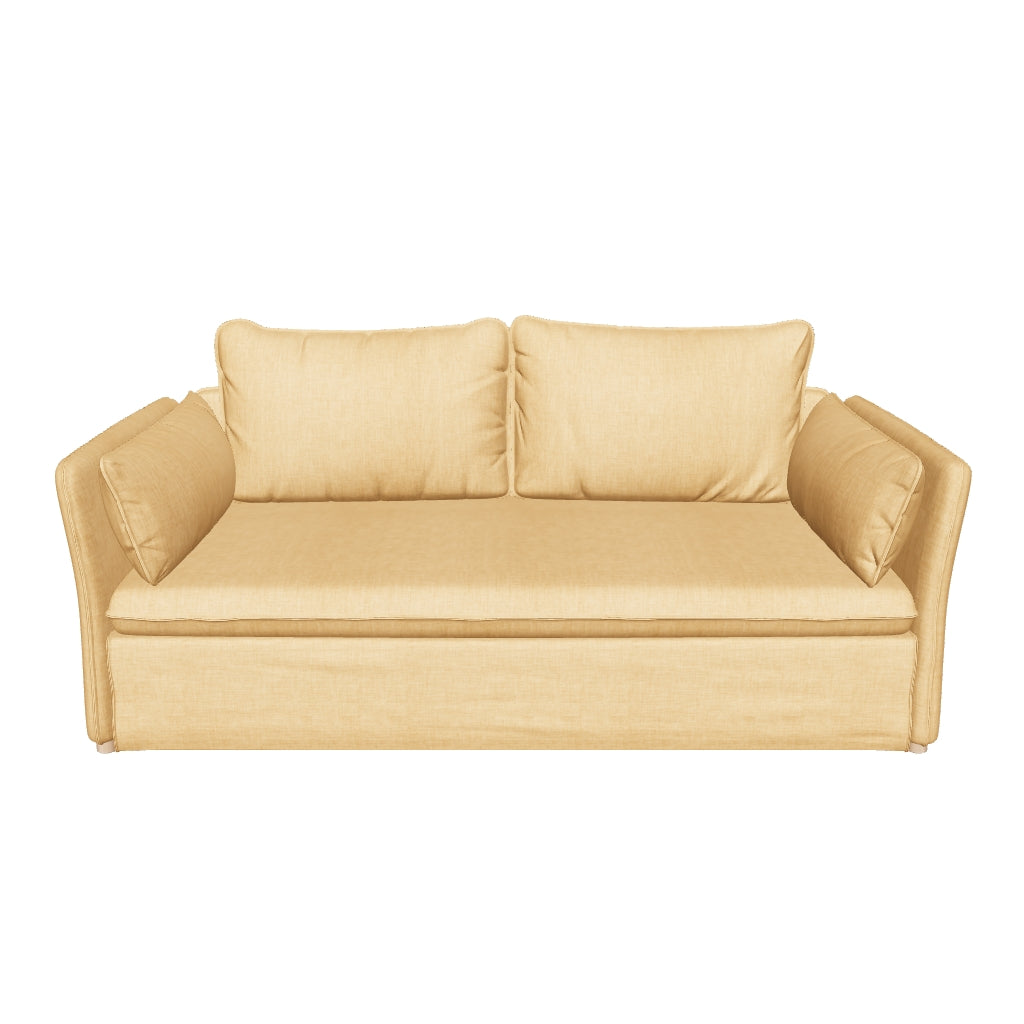 Senfgelbes Tanit Schlafsofa mit klaren Linien, natürlichem Buchenholzgestell und 210 cm Breite, vielseitig und stilvoll für modernes Wohnen.
