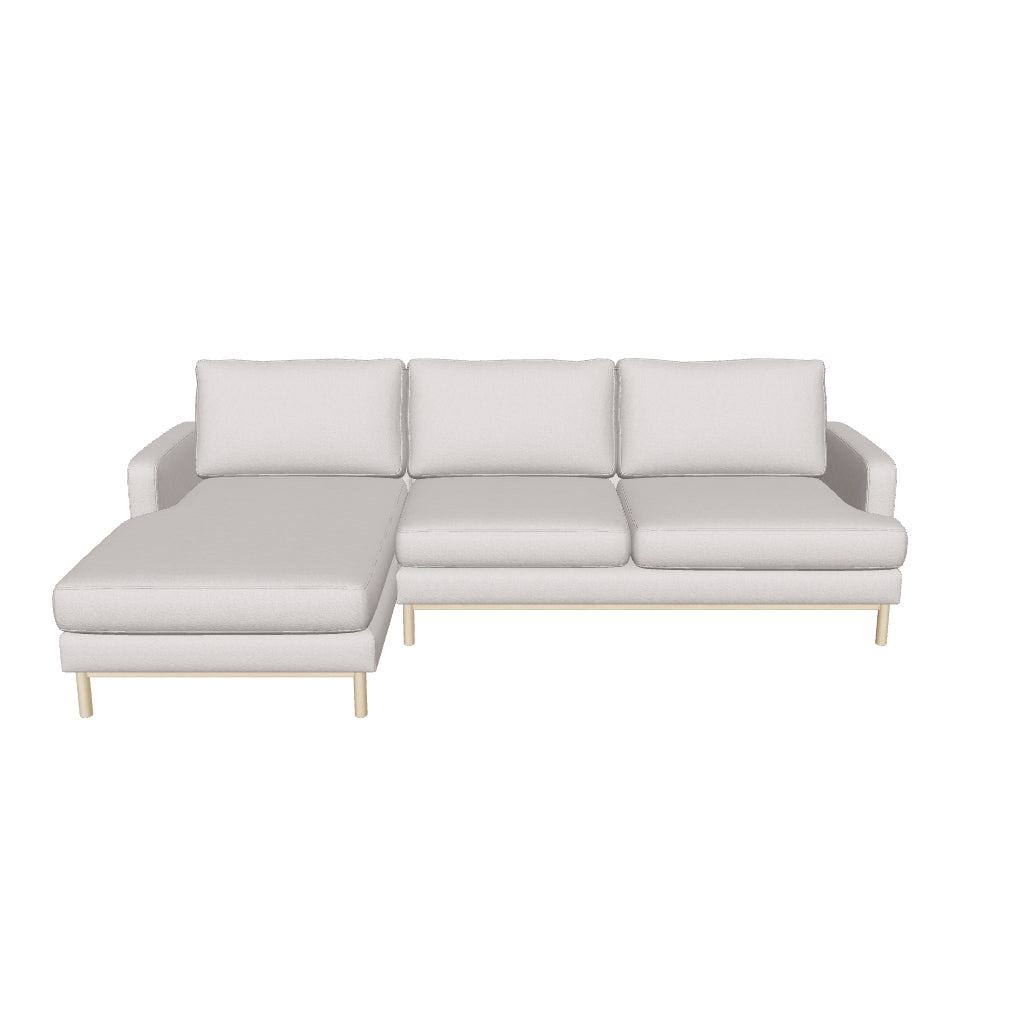 Modernes graues Sofa Mihaela mit linker Chaiselongue, 3-Sitzer-Design, weichem Mikro-Bouclé-Bezug und nachhaltigen Materialien, 264 cm breit.