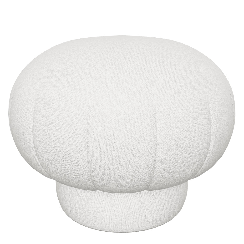 Runder Pouf mit weichem Bouclé-Stoff in Weiß, 50 cm Durchmesser, modernes und minimalistisches Design, ideal als zusätzliche Sitzgelegenheit oder stilvolle Fußablage.