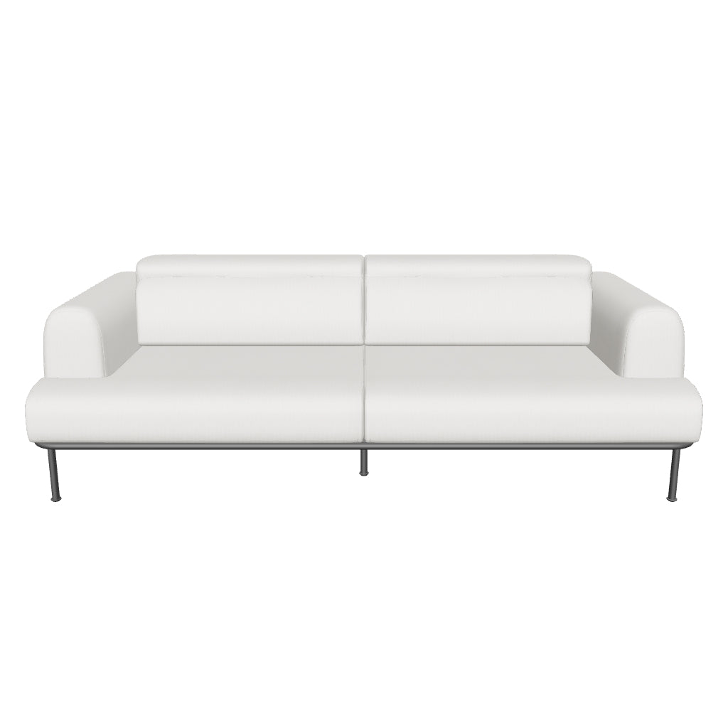 Modernes 3-Sitzer-Sofa in Ecru mit flexibler Kopfstütze, robustem mattgrauem Metallrahmen und hochwertigem Chenille-Stoff, 234 cm breit, nachhaltig produziert mit FSC Mix Credit.