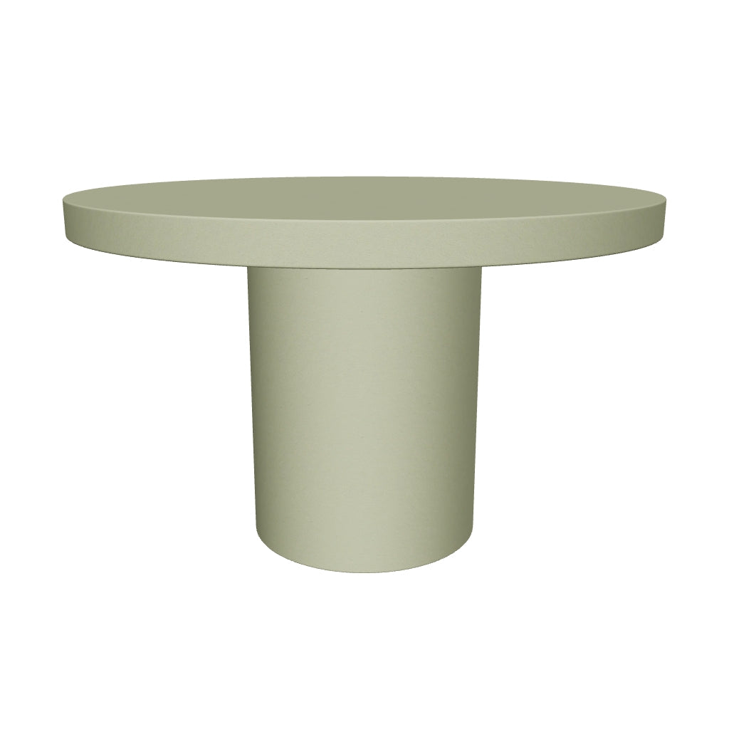 Runder, grüner Zementtisch mit 120 cm Durchmesser, robust und modern, perfekt für den Außenbereich.